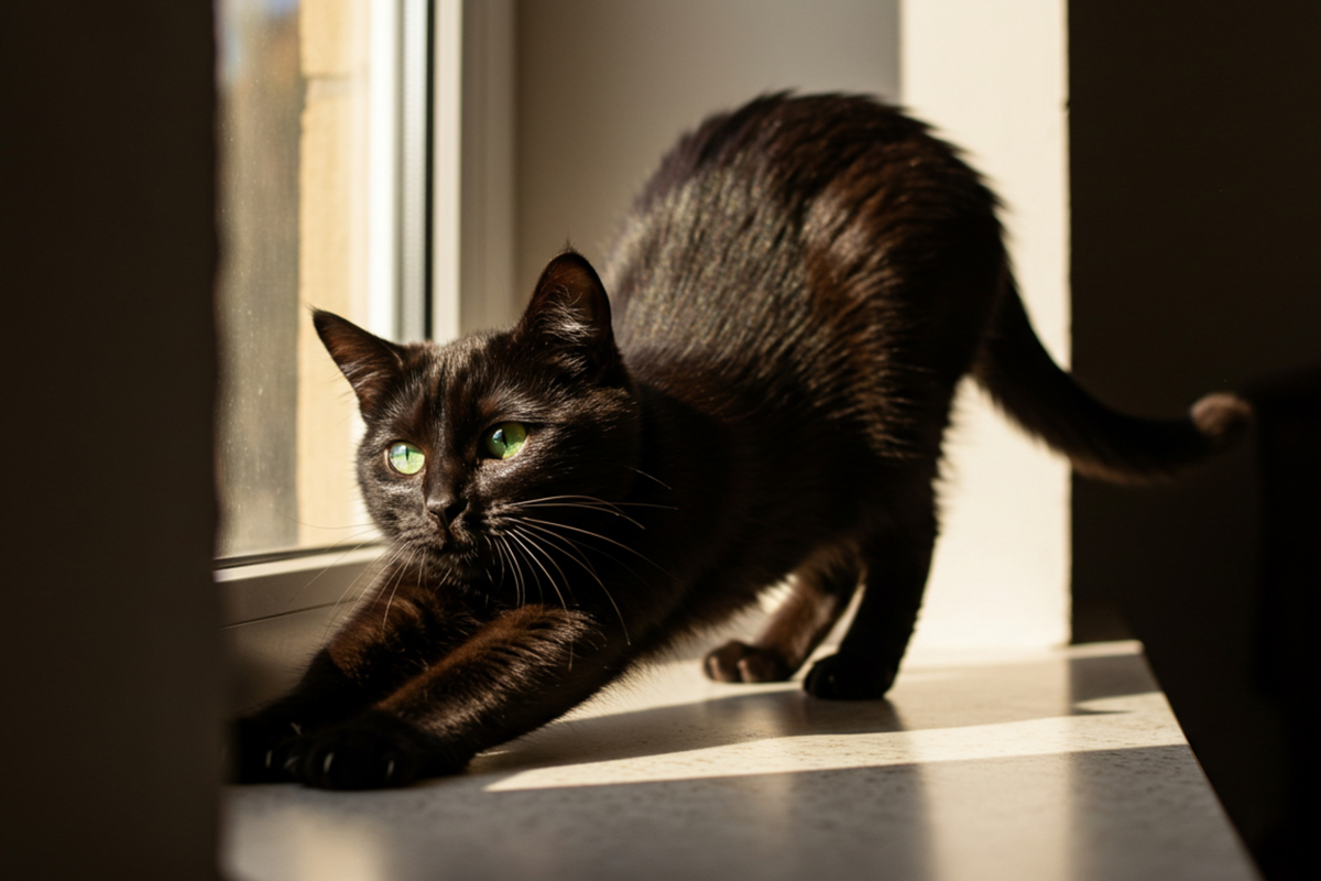 Black cat stretching in a beam of sunlight beside a window